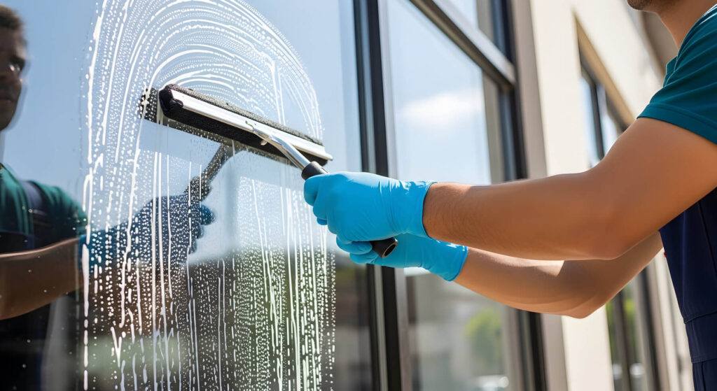 Cleaner using a squeegee on a large glass window