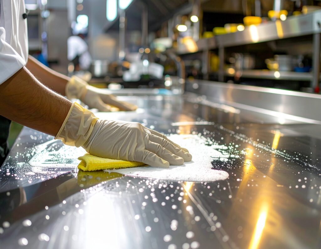 Gloved hand wiping a stainless steel kitchen counter