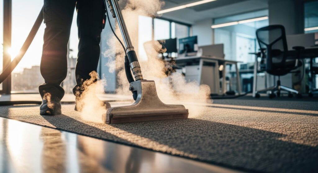 Worker steam cleaning a commercial carpet