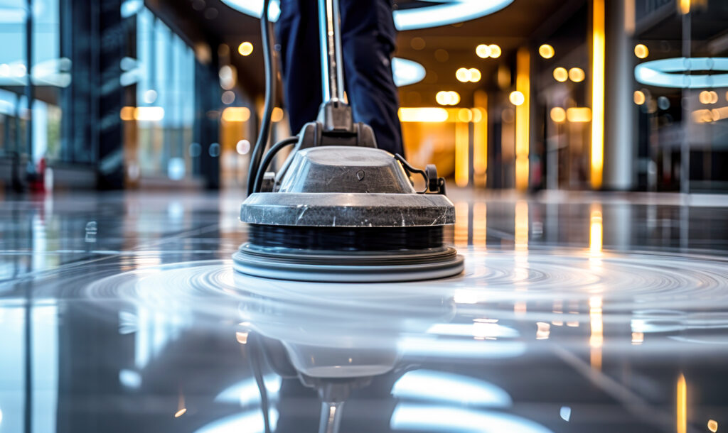 Floor buffing machine polishing a glossy hospitality floor